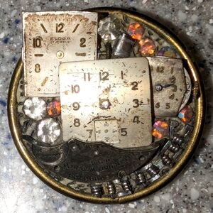 One-Of-A-Kind Vintage Clock/Watch Brooch Signed by Leah Manis
